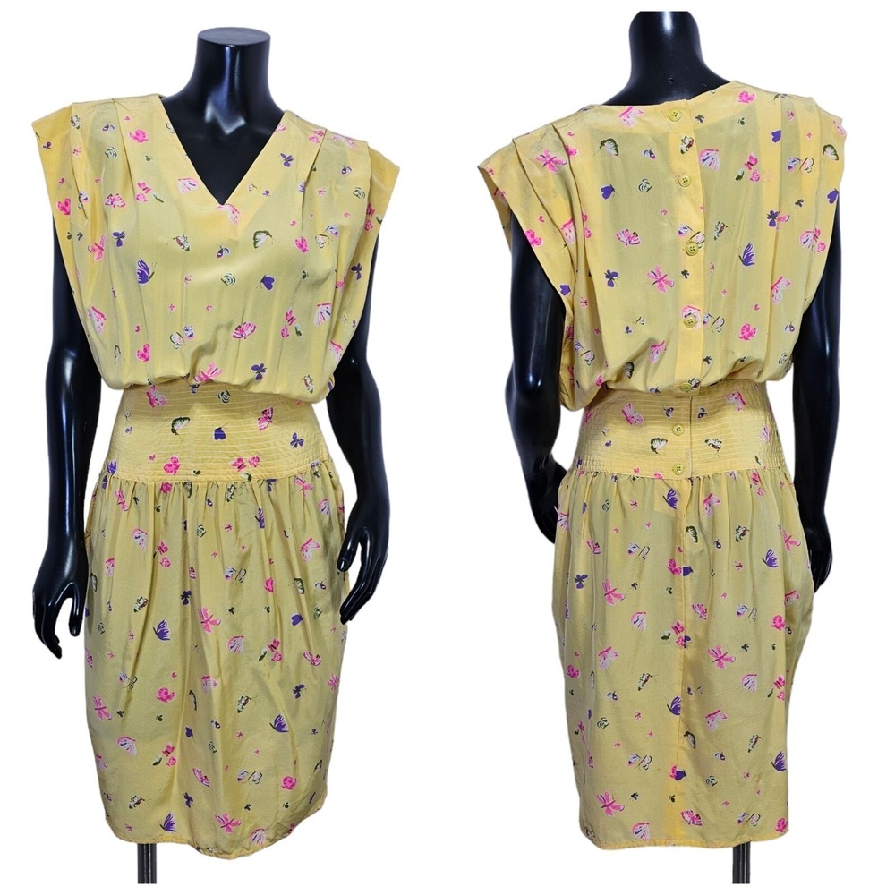 Vintage 80s Charles Bianco Italian Collection Silk Dress Yellow Butterfly Floral